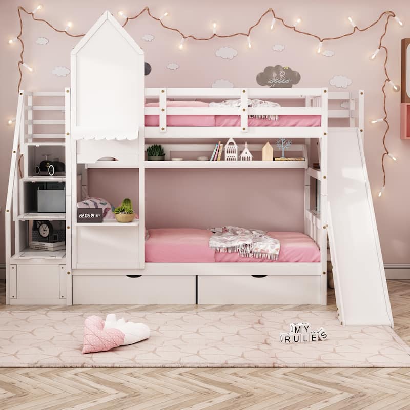 Bunk Bed with 2 Drawers 3 Shelves and Slide