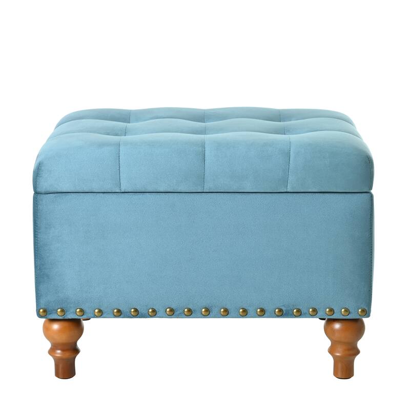 Square Velvet Ottoman with Storage Space & Rivet Trim Around