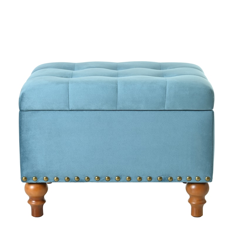 Square velvet upholstered Ottoman with storage space, hidden support hinge with easy to open top, rivet trim around