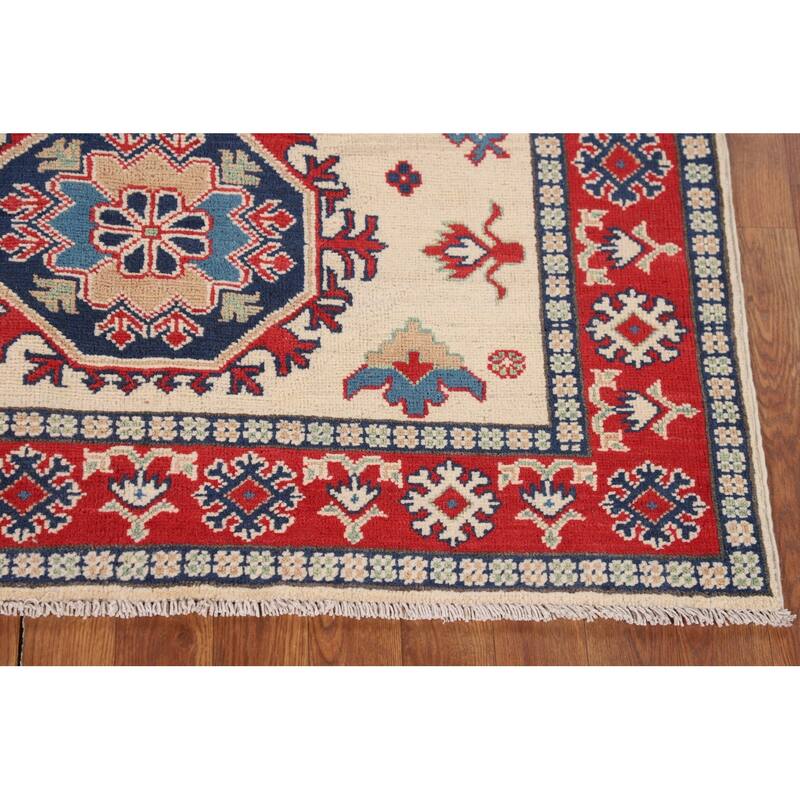Geometric Ivory Kazak Accent Rug Hand-Knotted Wool Carpet - 3'11" x 5'11"