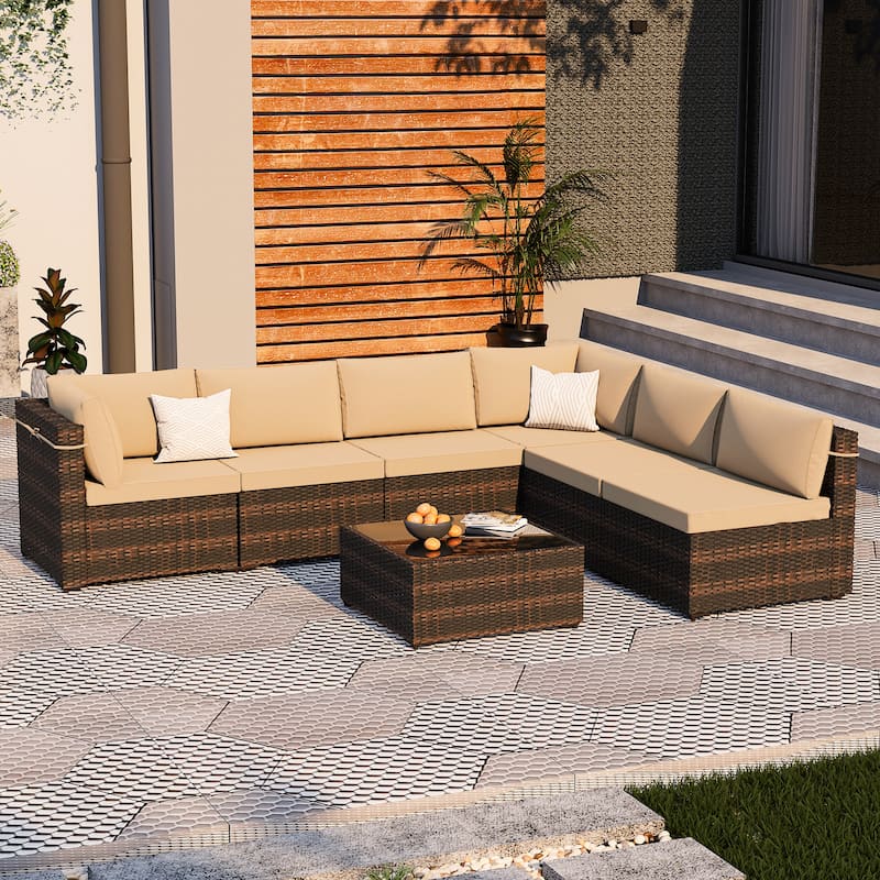 UPHA Cushioned 7-piece Conversation Sectional Patio Group Furniture - Beige