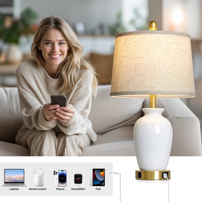 23.5" Elegant Ceramic Table Lamp with USB-C Charging, Gold Accents(Set of 2) - 12.5'' x 12.5'' x 23''