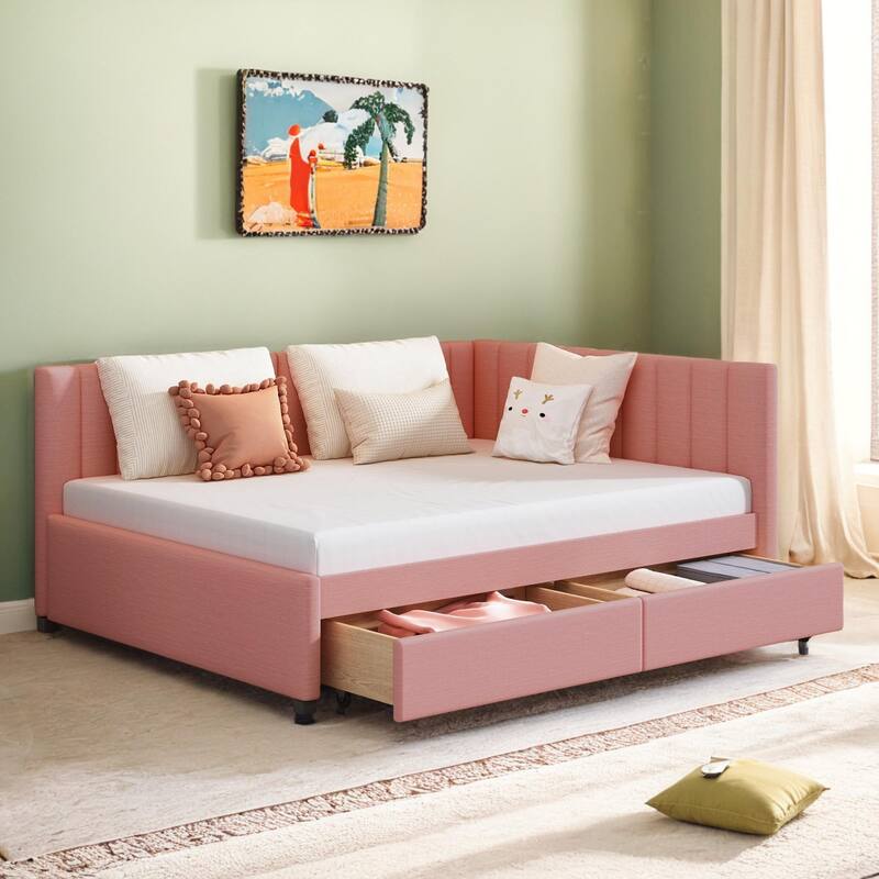 Full Size Upholstered Daybed with 2 Storage Drawers Sofa Bed Frame No Box Spring Needed, Linen Fabric - Pink