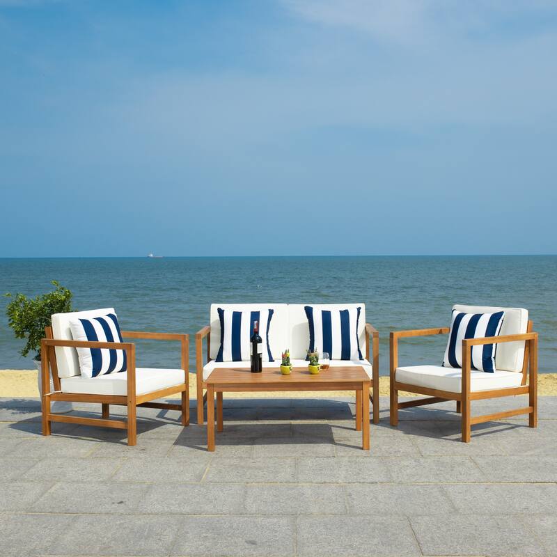 SAFAVIEH Outdoor Citlali 4-Piece Conversation Set with Accent Pillow - 50W x 29D x 29H - Natural/Beige/Navy White