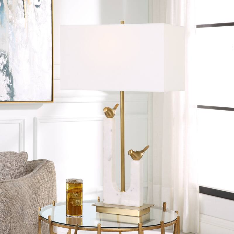 Two Cast Birds Table Lamp with Hardback Shade - 30" - White