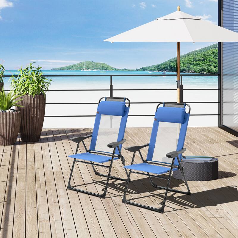 Folding Patio Chairs Set of 2, Outdoor Deck Chair with Adjustable Sling Back, Camping Chair with Removable Headrest