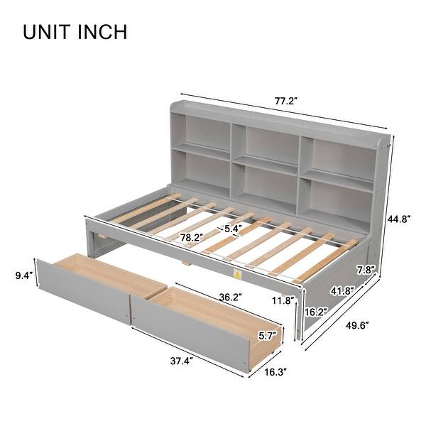 dimension image slide 1 of 2, Twin Day Bed with Side Bookcase & 2 Drawers - Multifunctional Design