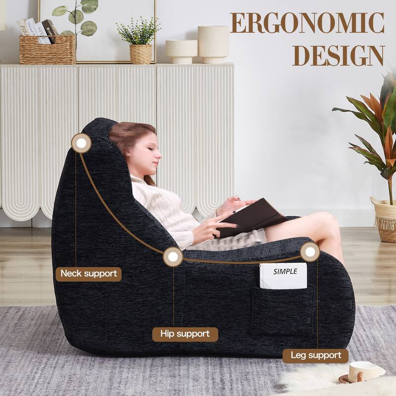 Oversized Comfy Bean Bag Chair with Armrests - Luxurious Chenille Floor Sofa for Living Room & Bedroom (Black)