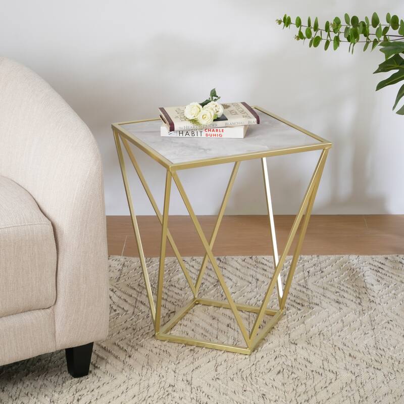 Sleek Gold Iron Geometric Side Table with White Glass Top, Multi-Use Accent Table End Table for Living Rooms, Bedrooms and More