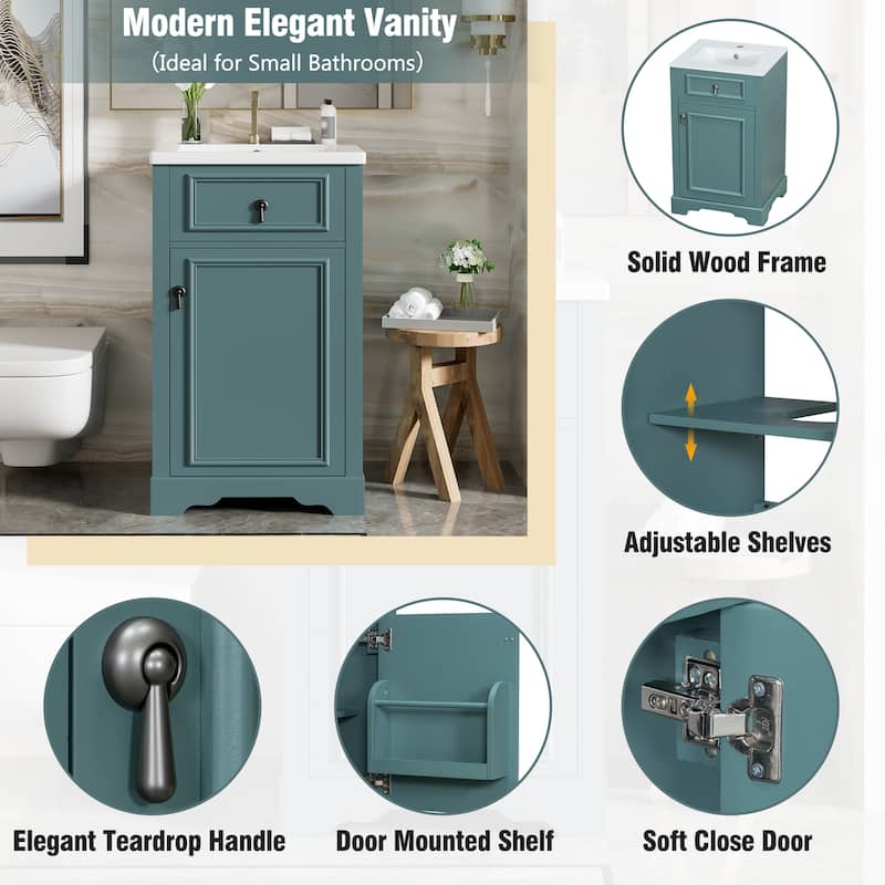 20" Bathroom Vanity with Ceramic Sink, Soft-Close Door, Adjustable Shelf, and Door-Mounted Storage Rack for Small Bathrooms