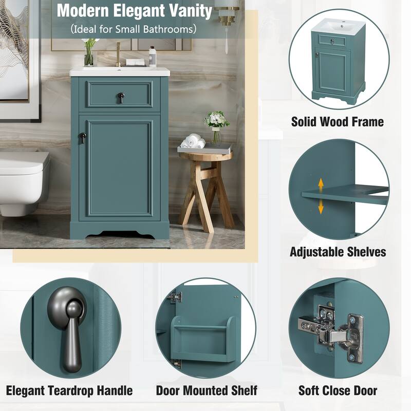 Bathroom Vanity with Ceramic Sink, Bathroom Storage Cabinet with Soft Close Door, Door-Mounted Storage Rack & Adjustable Shelf