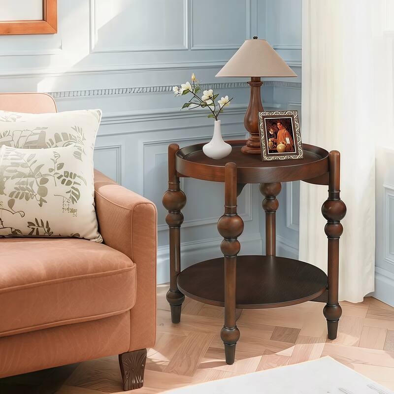 Mid-Century Modern Round Wood End Table, Solid Wood Side Table with Lower Shelf, Small Living Room Accent Table