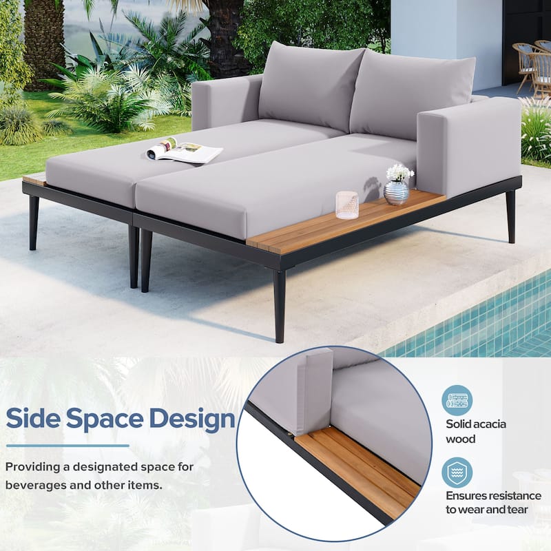 59*55" Outdoor Metal Daybed Frame with Removable Cushion, Patio 2 in 1 Padded Lounge Chaise with Wood Side Table for Drinks