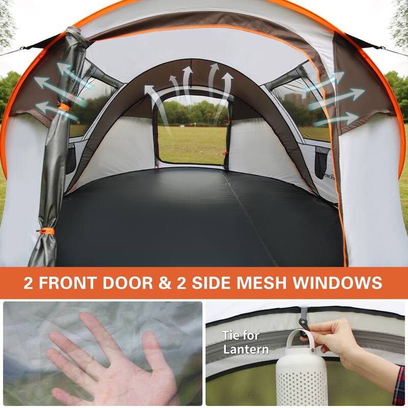4-6 Persons Pop-Up Boat Tent can fit 2 sleeping bags/pads, with 4 Mesh windows and 2 doors