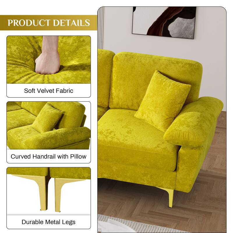 Ouyessir 2-Pieces Upholstered Velvet Sectional Sofa with 2 Pillows & Ottoman