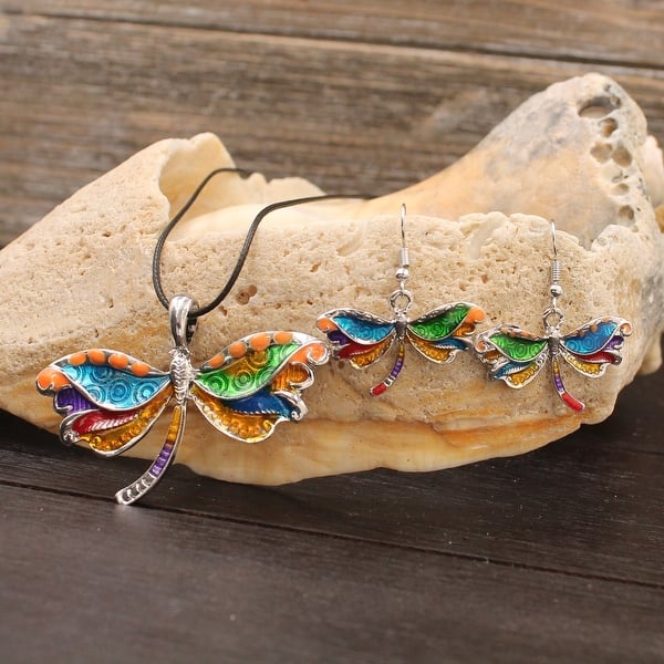 slide 1 of 5, Silvertone Rainbow Mosaic Dragonfly Necklace and Earring Set