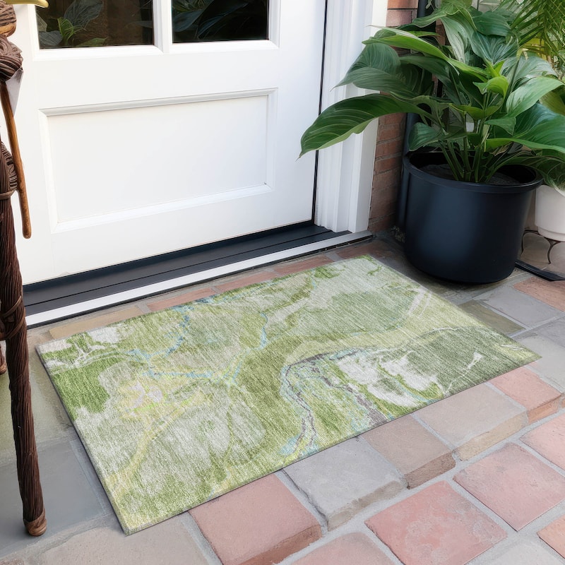 Machine Washable Indoor/ Outdoor Modern Abstract Chantille Rug - Green - 1'8" x 2'6"