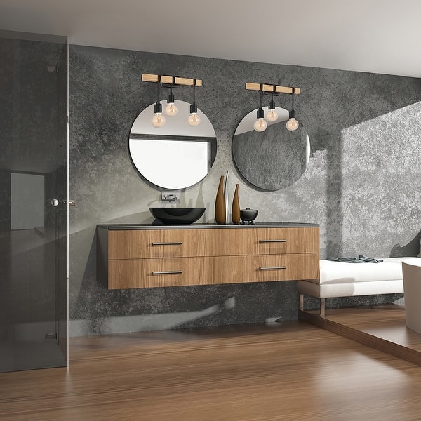 slide 2 of 3, Kingswood - 3-Light Open Bulb Wall Light - Natural Wood Natural, Black