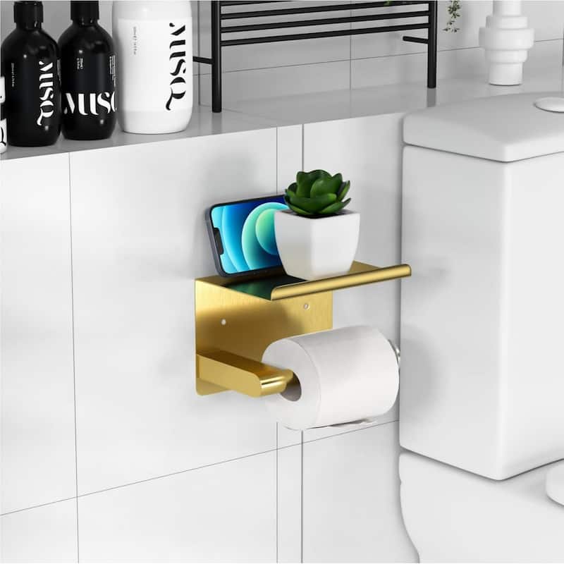 Stainless Steel Self-Adhesive Wall Mounted Toilet Paper Holder with Shelves for Bathroom, Kitchen, RV