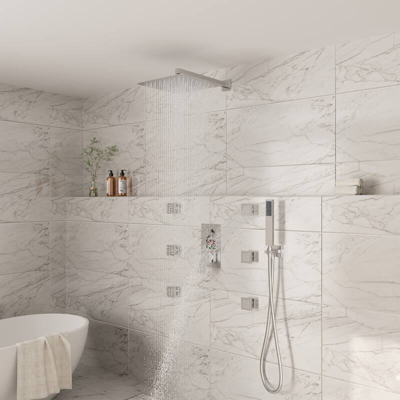 Pressure-Balanced 3-Spray 12 in. Wall Mount Shower System with Handheld Shower Head and 6 Body Jets - 12" x 12"