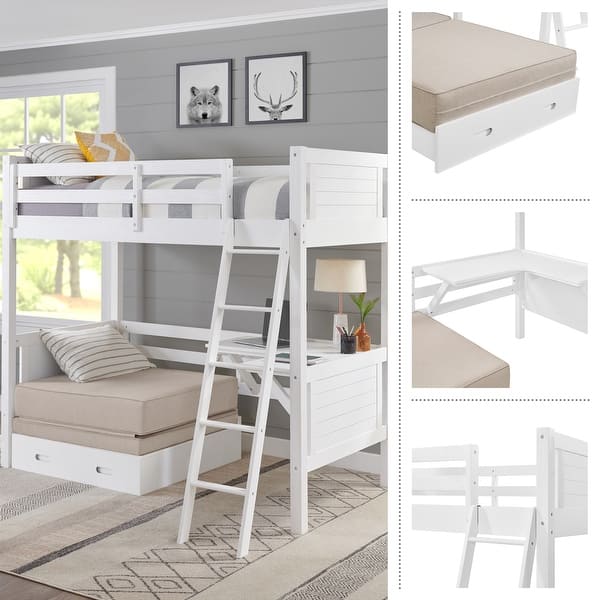 dimension image slide 0 of 3, Alaterre Furniture Arlington Solid Wood Twin Loft Bed For Kids With Underneath Desk, Fold-Out Futon, and Climb-Up Ladder, White