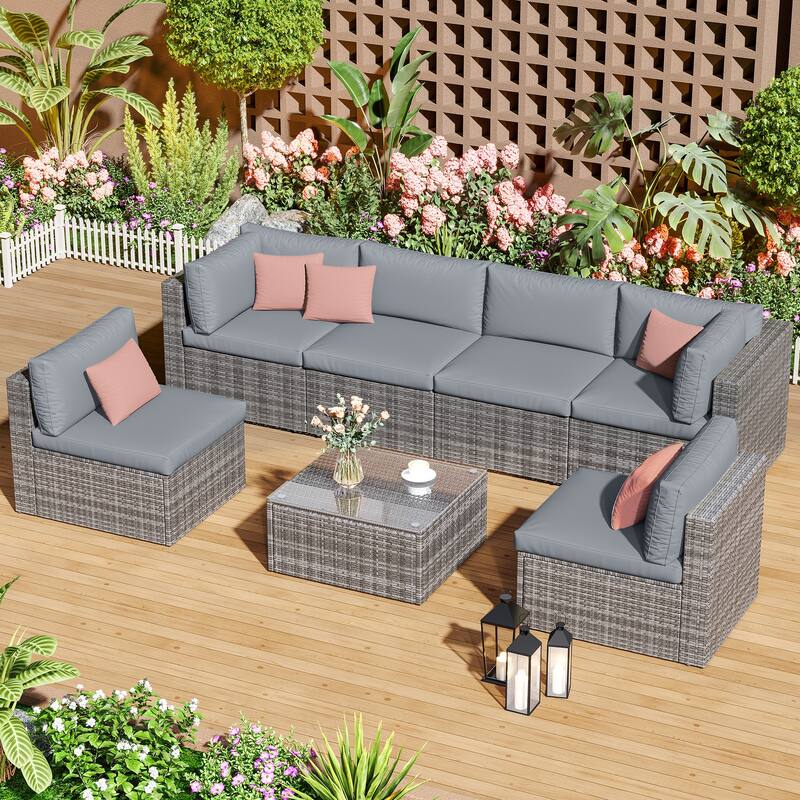 7-Piece Patio Furniture Set with Tempered Glass Coffee Table