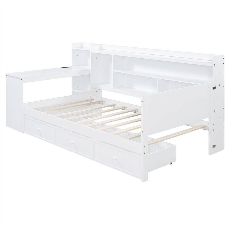 Twin/Full Daybed with 3 Storage Drawers and Bedside Desk, Wooden Day Bedframe Sofa Bed with Storage Shelves and USB Ports