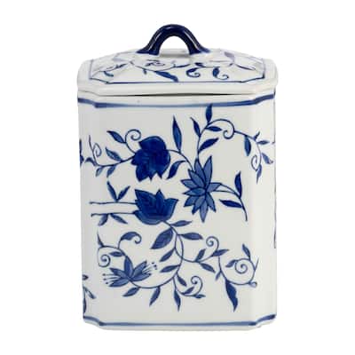 Sagebrook Home 8" Ceramic Box Jar - A Contemporary Piece with Classic Blue & White Chinoiserie Floral Design.