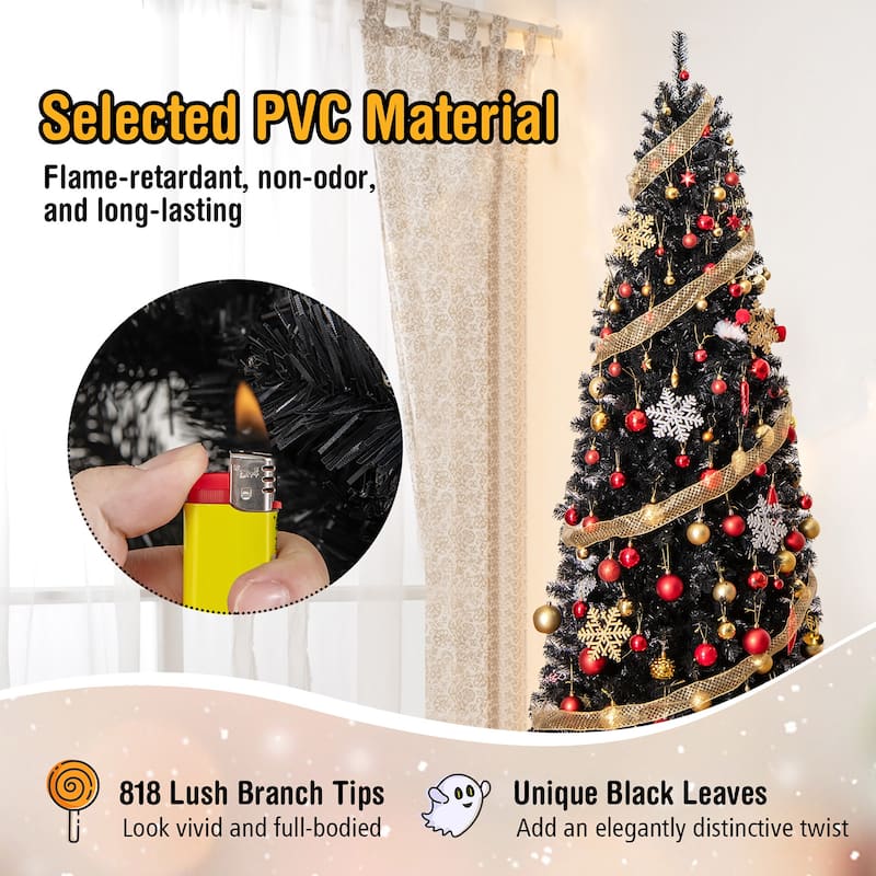 Gymax 6/7 FT Pre-lit Black Christmas Tree Artificial PVC Slim Pencil - See details