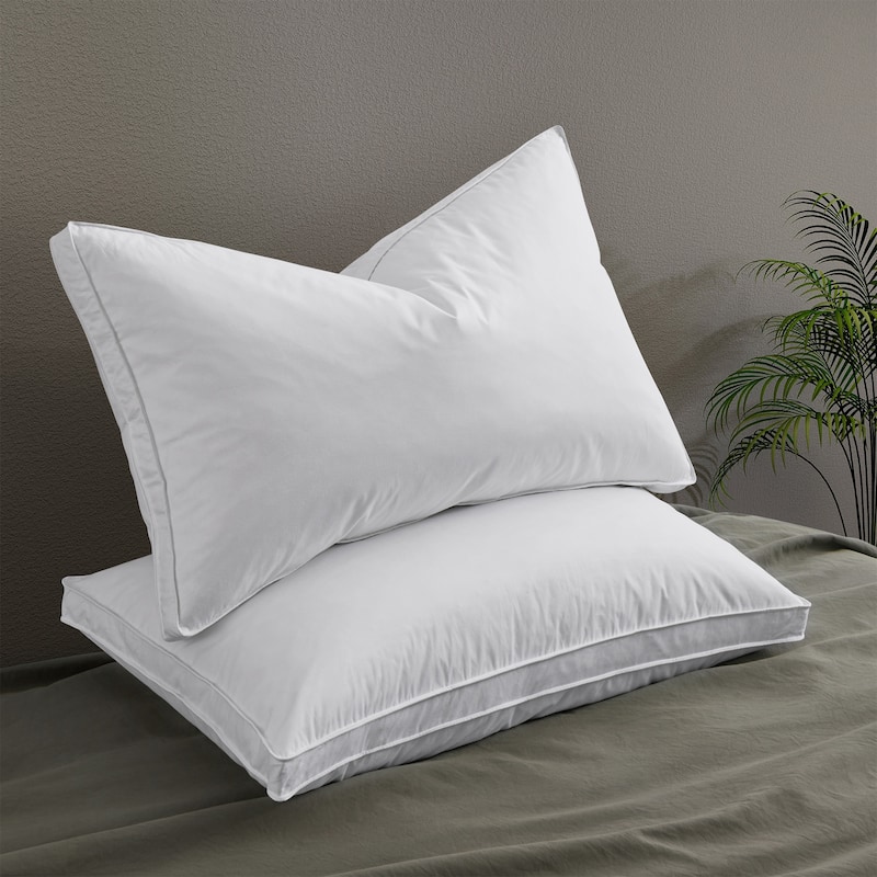 Set of 2 Goose Feather Down Bed Pillows Medium-Firm for Back and Side Sleepers. - White