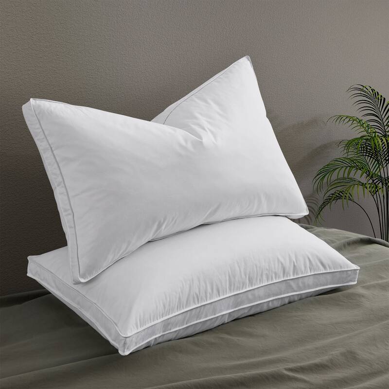 Set of 2 Goose Feather Down Bed Pillows Medium-Firm for Back and Side Sleepers. - White