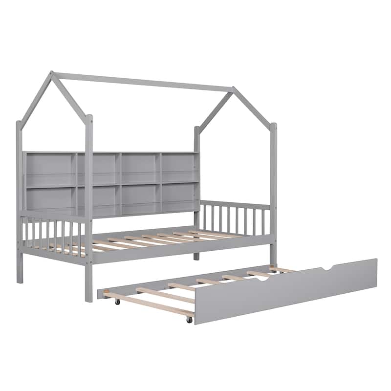 Twin Pine Kids House Platform Bed with Trundle, Shelf, and Roof