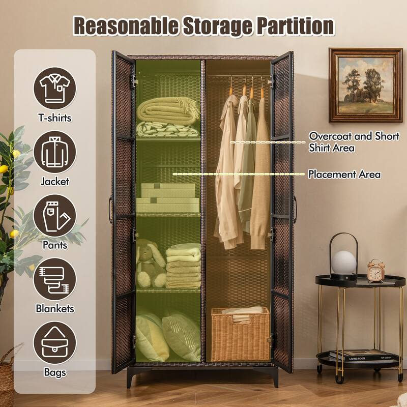 Gymax 62'' Wicker Wardrobe w/ 2 Doors Hanging Rod & 4 Storage Cubes