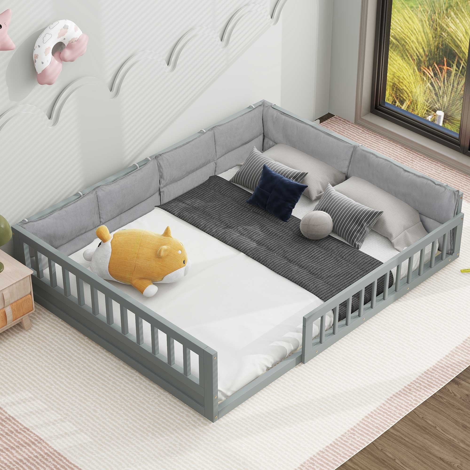 Wooden Platform Bed with Guardrail and Pillow Upholstered