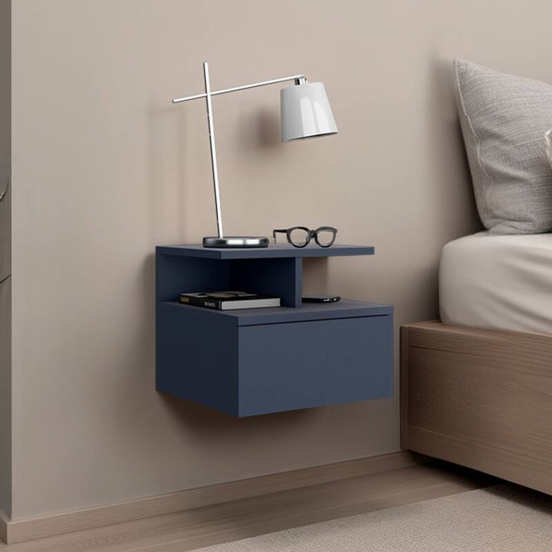 Floating Nightstand with Drawer and Shelves for Storage or Decor - Blue