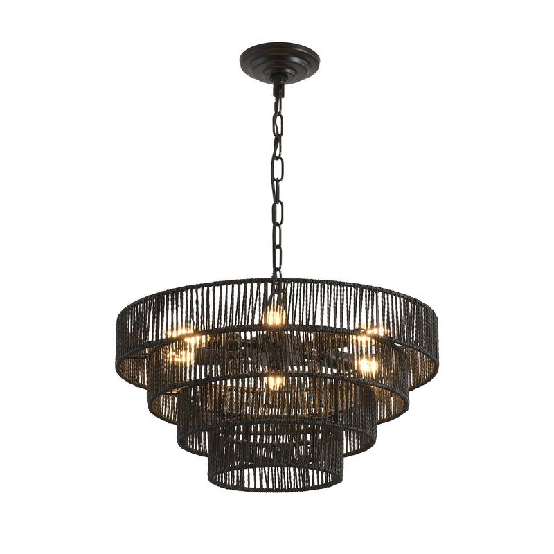 20" Rustic 4-Tier Black Hemp Rope Pendant Light Chandelier with 6 E12 Sockets, Boho Ceiling Light Fixture (Bulb Not Included)