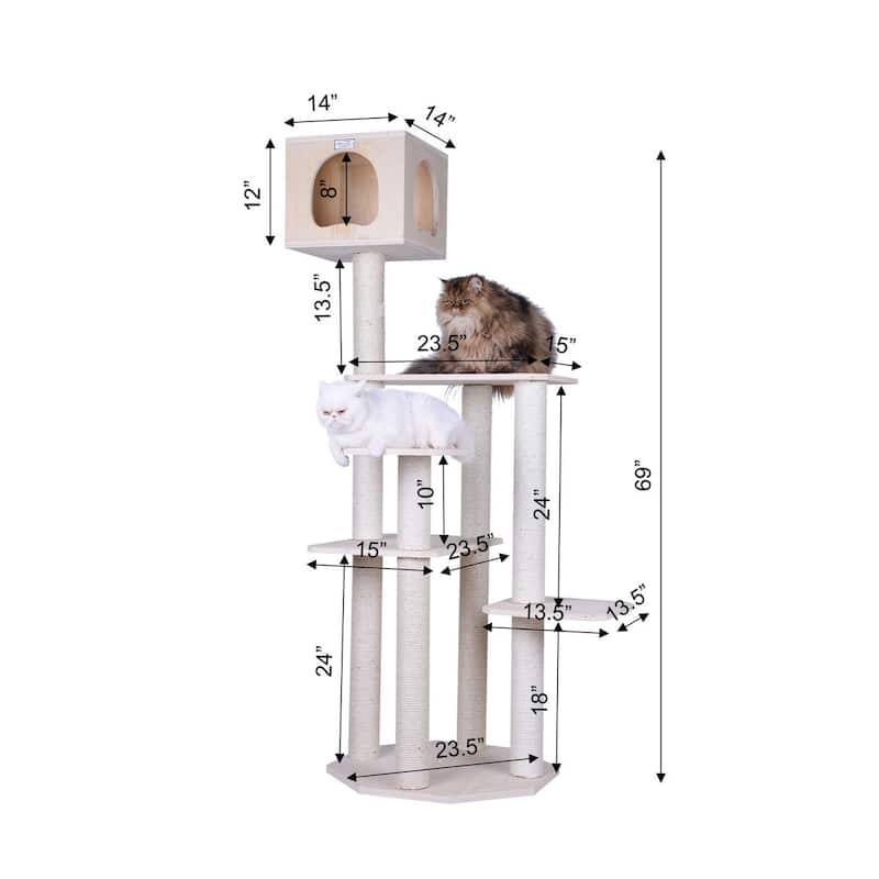 Real Wood Premium Scots Pine 69-Inch Cat Tree with Five Levels, Perch, Condo - Natural Beige