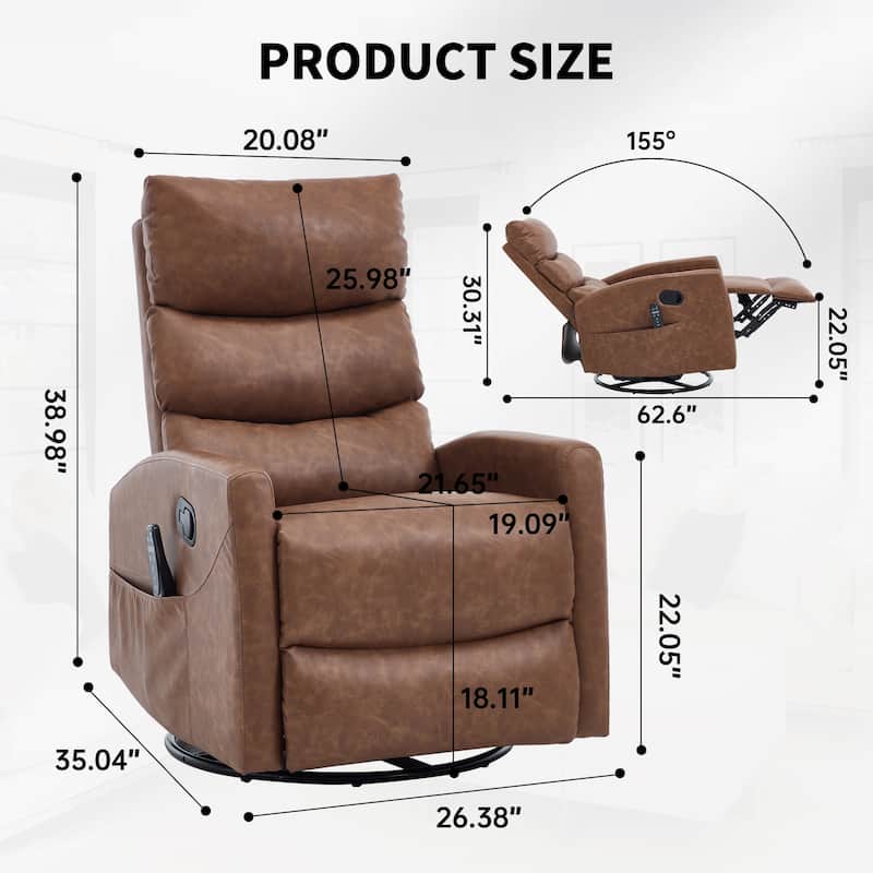 360° Swivel Rocking Recliner with Heat & Massage, Faux Leather