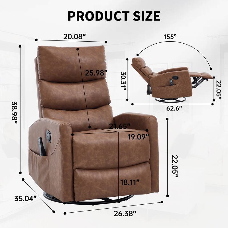 Fabric Manual Recliner Chair with Heat & Massage, Swivel Recliner Chair with Side Pockets, Ergonomic Single Sofa Chair