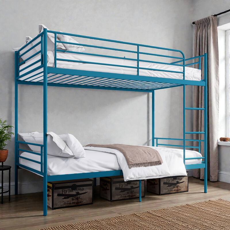 Twin Over Twin Metal Bunk Bed with Ladder and High Guardrails, Convertible to 2 Twin Beds, Noise-Free Design - Blue - Twin