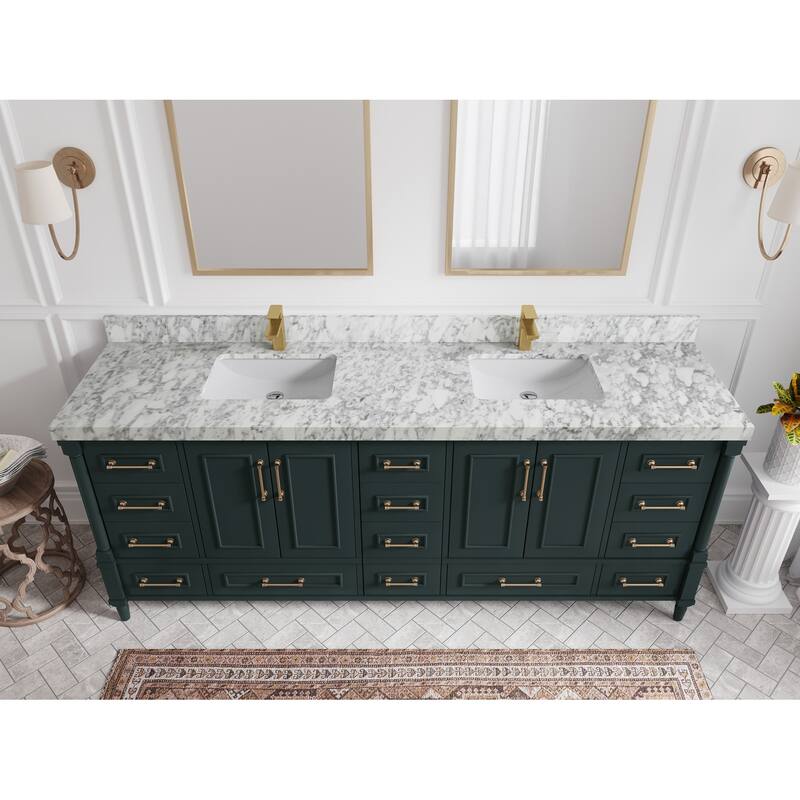 Willow Collections 84 in. W x 22 in. D Aberdeen Double Bowl Sink Bathroom Vanity with Countertop - 2" Carrara Marble - Dark Forest Green
