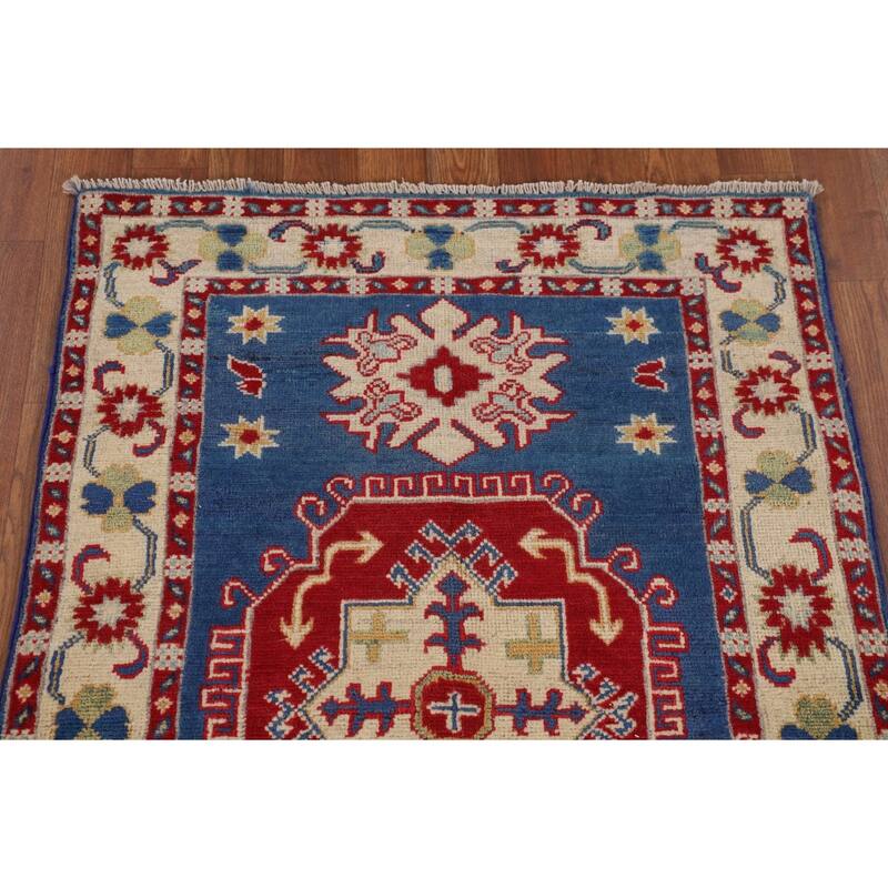Geometric Kazak Foyer Rug Hand-Knotted Traditional Blue Wool Carpet - 2'7" x 3'11"