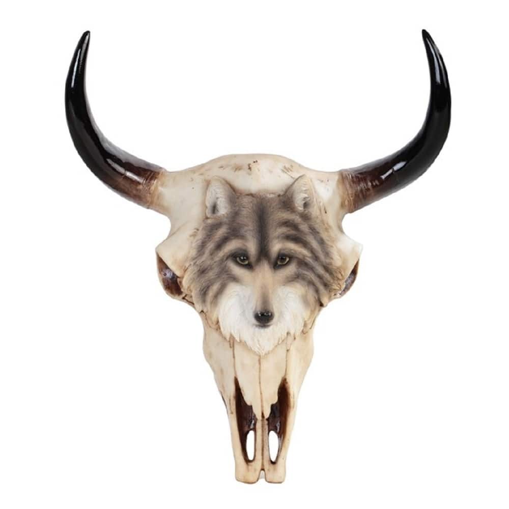 Q-Max 11"H Buffalo Skull with Wolf on the Front Taxidermy Animal Head Wall Decor