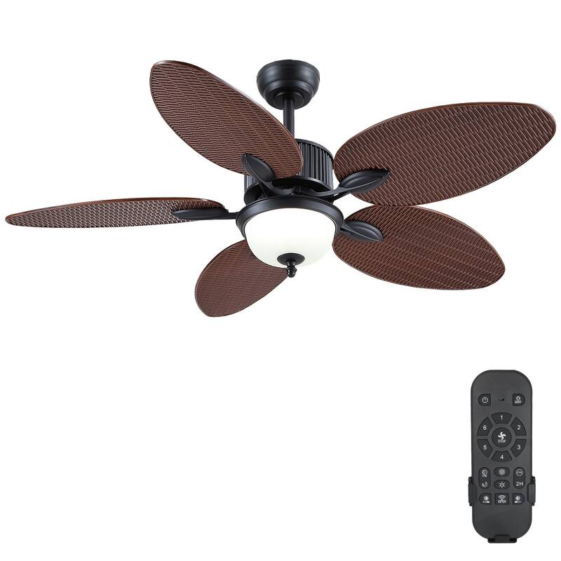 50 Inch Tropical Ceiling Fan with Palm Leaf Blades Glass Cover Remote Control Waterproof for Indoor and Outdoor Patio - Dark Brown
