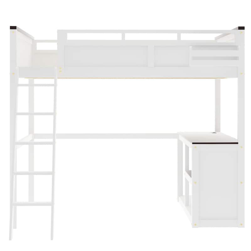 Queen Size Loft Bed with Desk,Open Shelf and a Storage Box,USB Charging Station