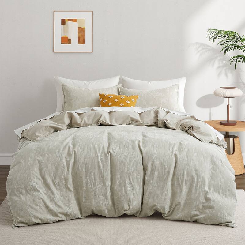 Floral Jacquard Cotton Linen Blend Duvet Cover Set, Bedding Set with Pillowcases - Full - Queen - Grid