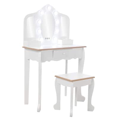 Kids Vanity with Light, Girls Vanity Set with Mirror, Stool Drawer and Pretend Makeup Playset, Wooden Princess Makeup Desk