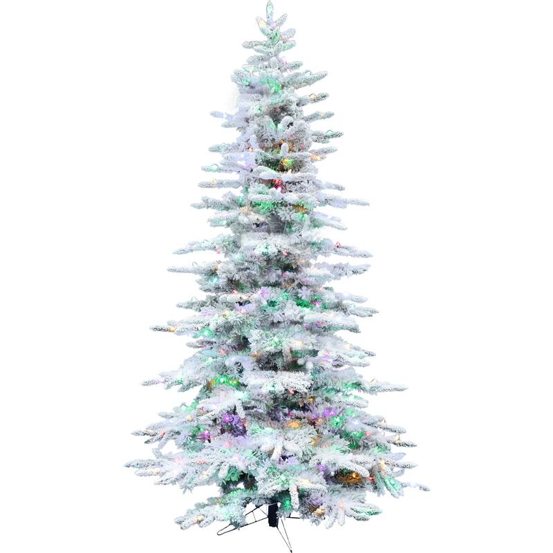 Fraser Hill Farm 7.5-Ft. Flocked Pine Valley Christmas Tree with Multi-Color LED String Lighting