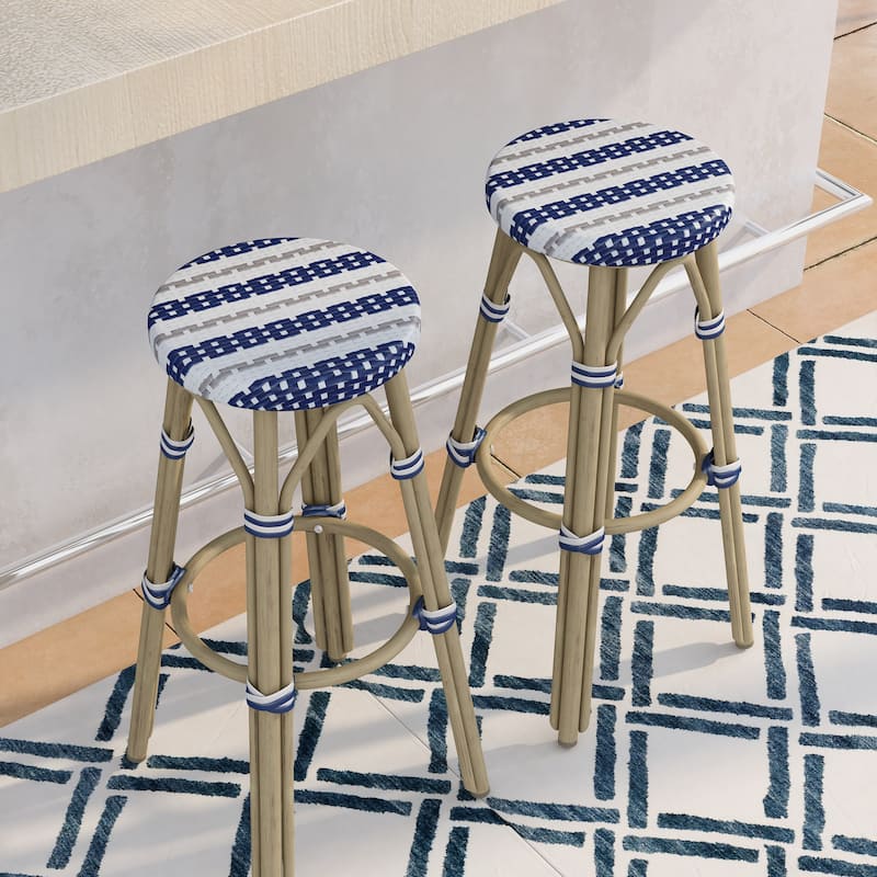 Elena Bohemian Round Wicker Patio Stools (Set of 2) by Furniture of America - Navy/White - Bar Height