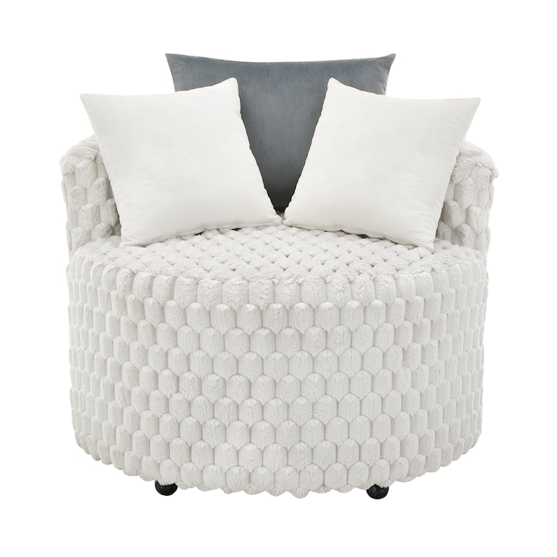 Off White Modern 35" 3D Upholstered Barrel Chair with Easy Moving Wheels and Pillows